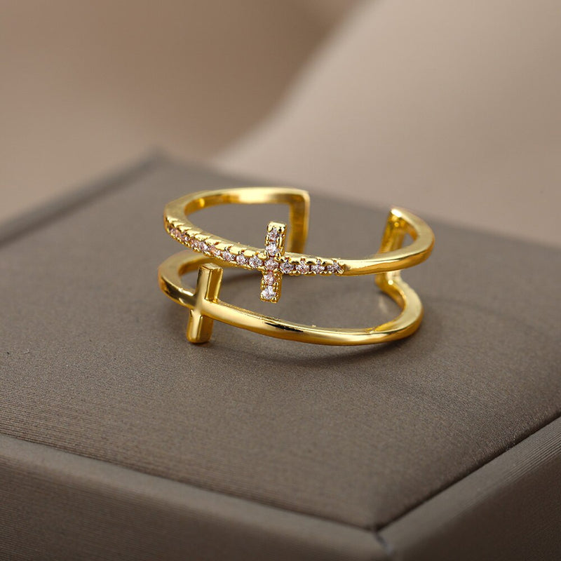 Gold Stainless Steel Cross Ring